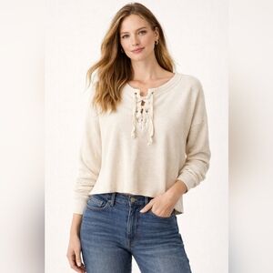 Abercrombie & Fitch Cream Lace-Up Waffle Knit Top
